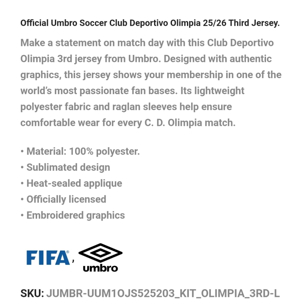Umbro Soccer Club Deportivo Olimpia Authentic 25/26 Third Jersey - Picture 2 of 4